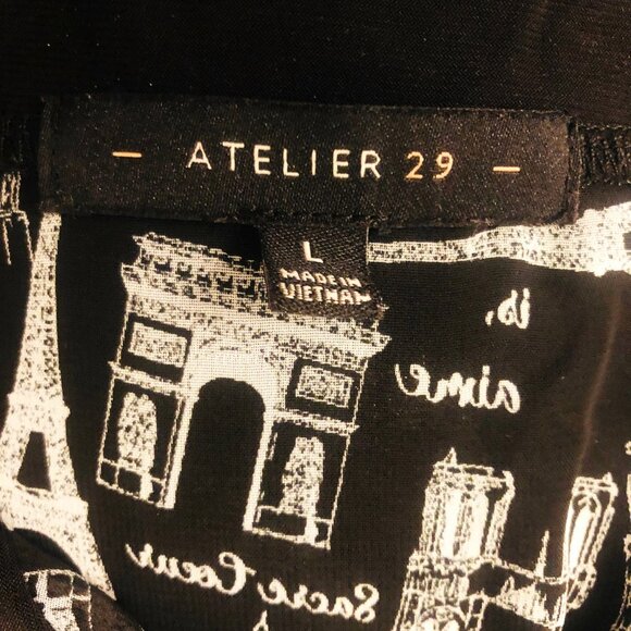 ATELIER 29 Iconic Parisian Imagery White Print Elbow Sleeve Black Blouse Sz L - Picture 5 of 5